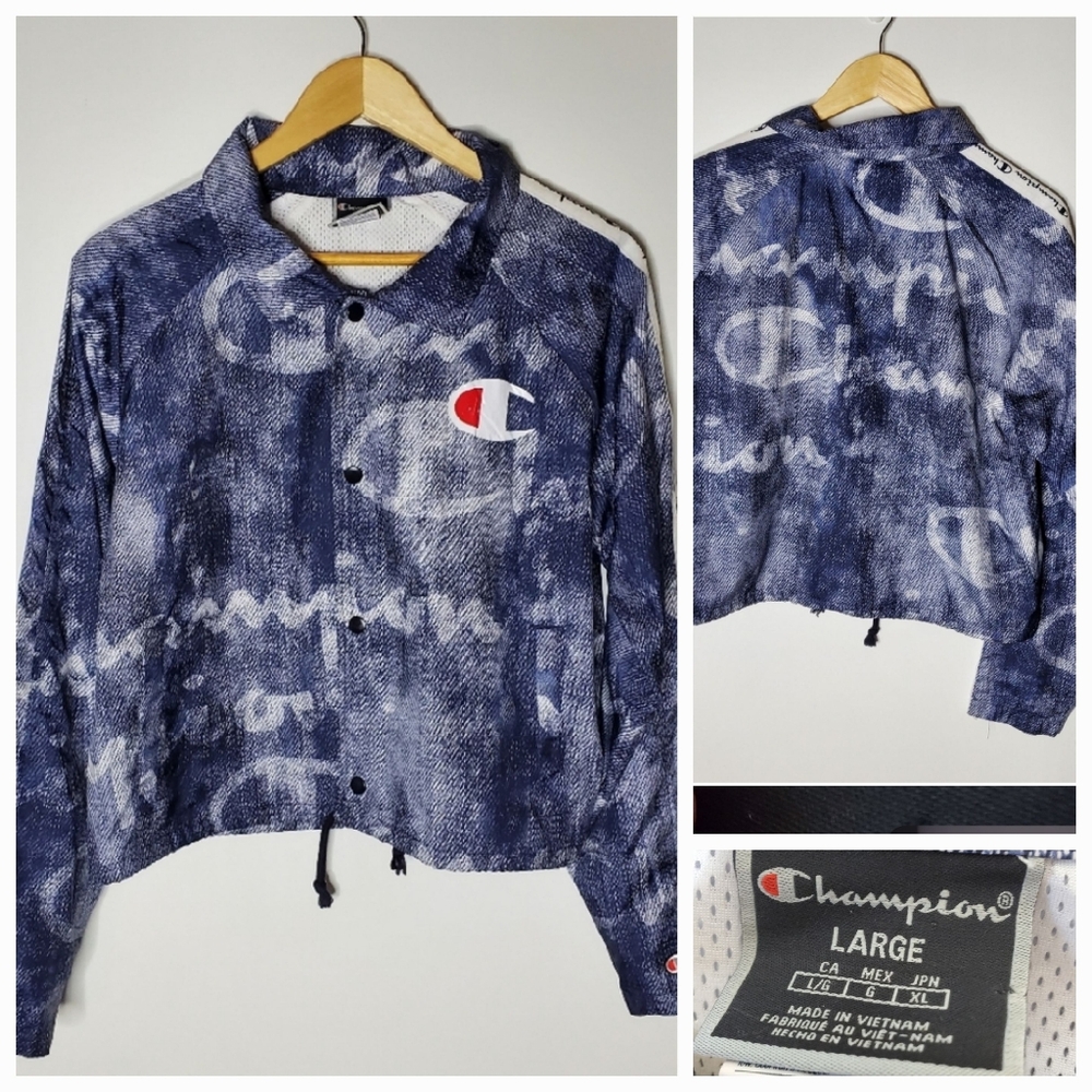 Champion Blue & White logo print cropped button up lightweight jacket Size Large